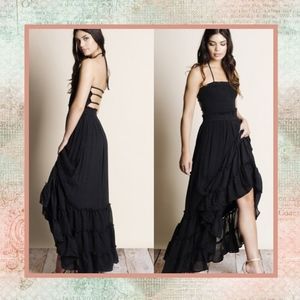 🍒 MAXI LONG DRESS BOHO CHIC RUFFLE HALTER SMALL BLACK FLARE BOHEMIAN GYPSY